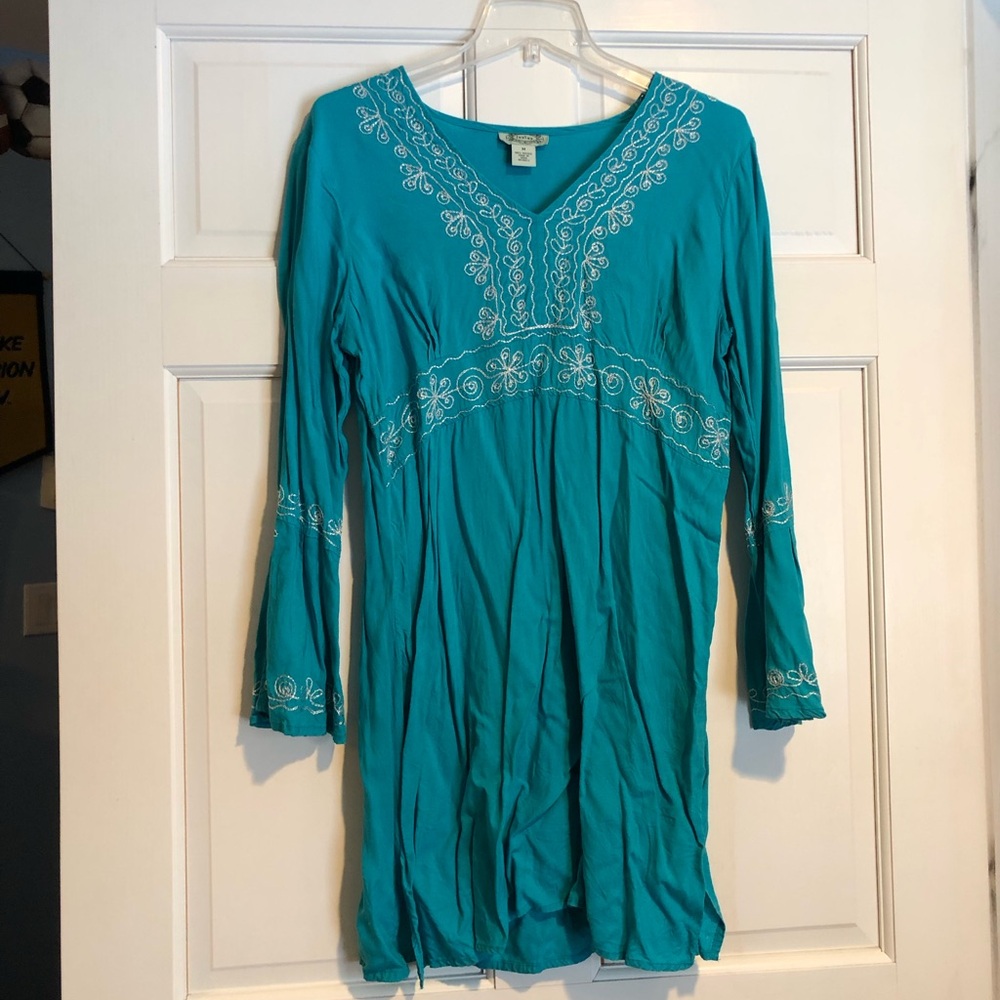 Turquoise Embroidered V-Neck Tunic Dress